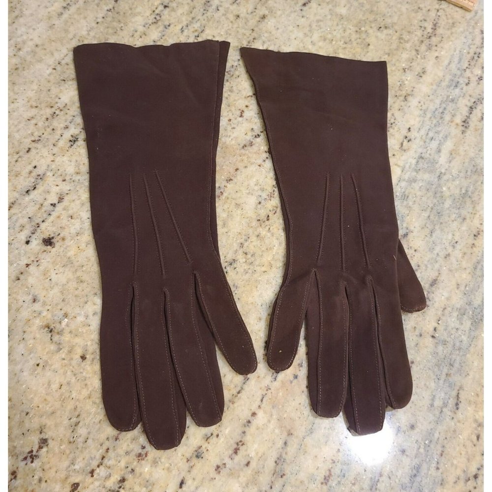 Vintage Kislav France Thin Suede Brown Formal 11" Gloves. Sz 6/2 Small Medium